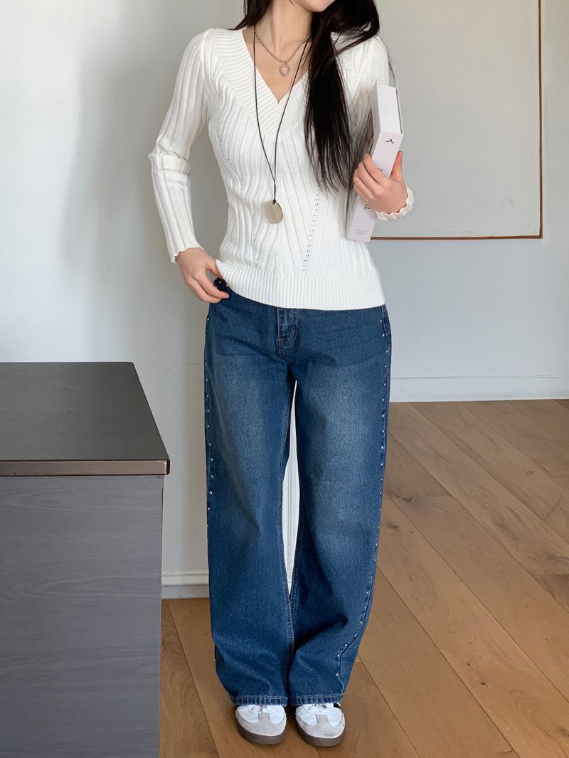 Sia Ball Stud Wide Denim Pants