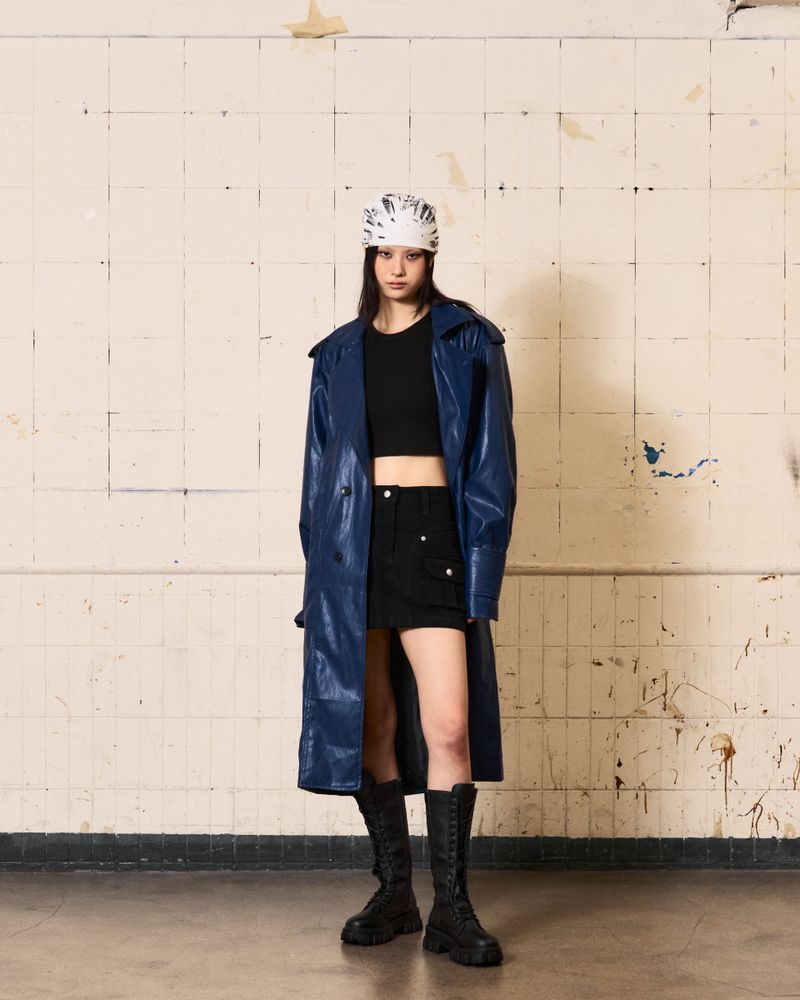 Curved Leather Trench coat (Blue)