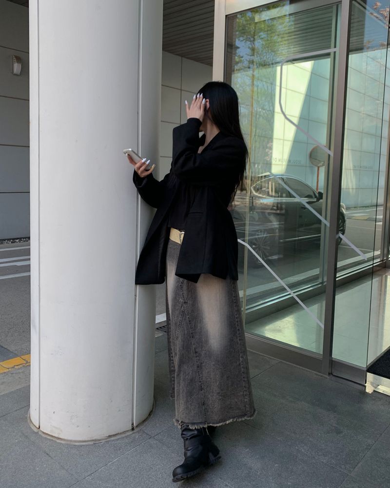 Rough denim long skirt