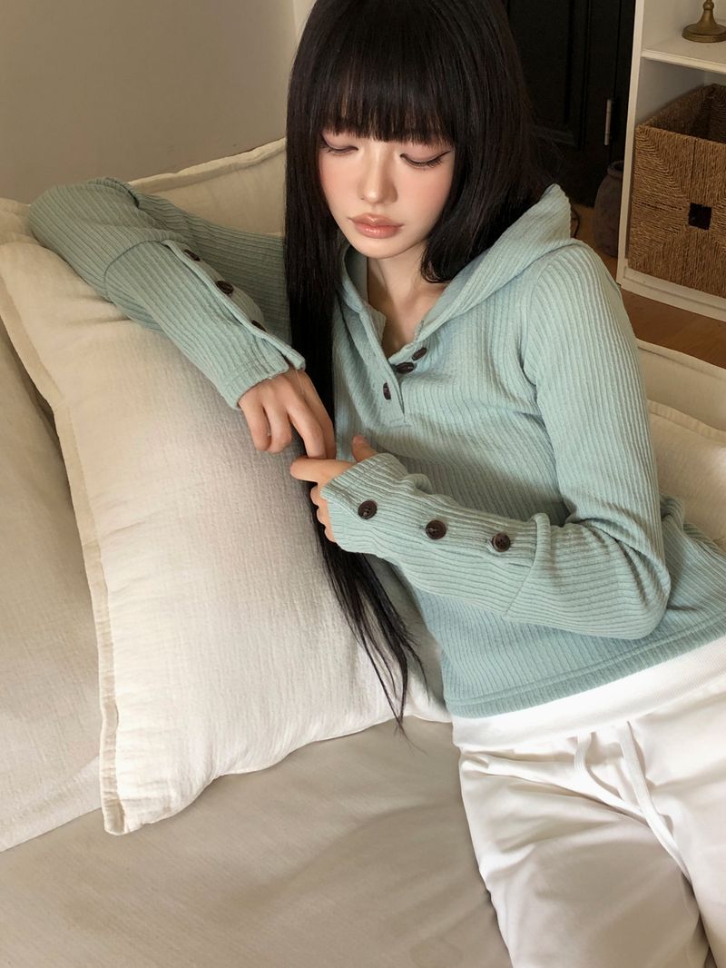 Piggle Cropped Button Hooded T-Shirt