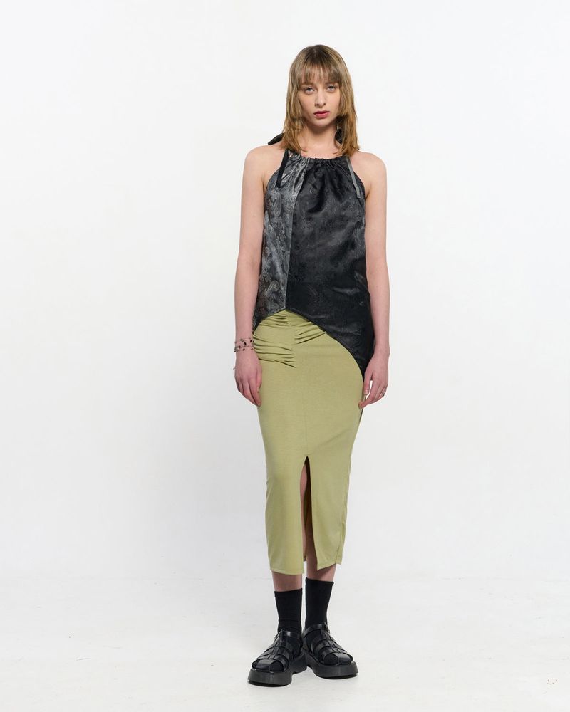 KIMZISU（キムジス）の「Shirring Layered Slit Skirt _ OLIVE GREEN（Skirts）」