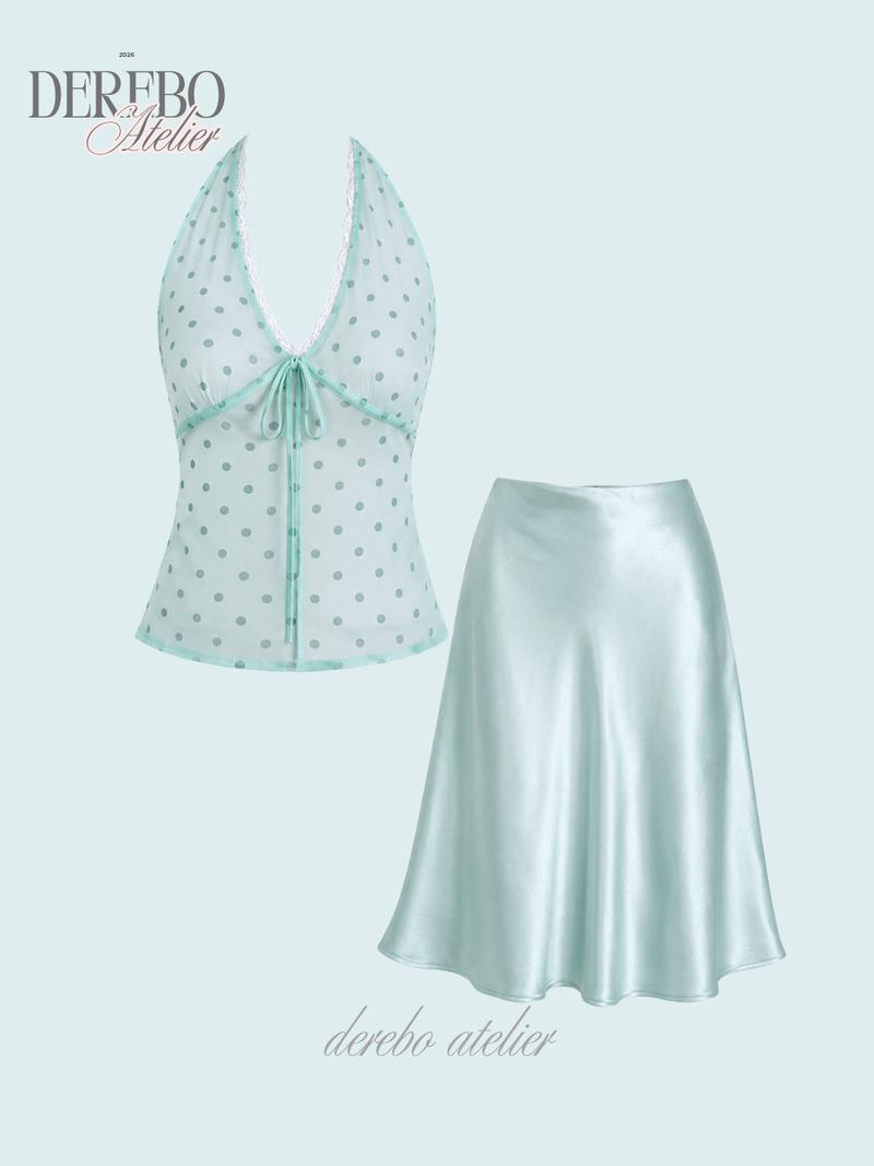 milk mint halter blouse silk skirt two-piece (TOP)