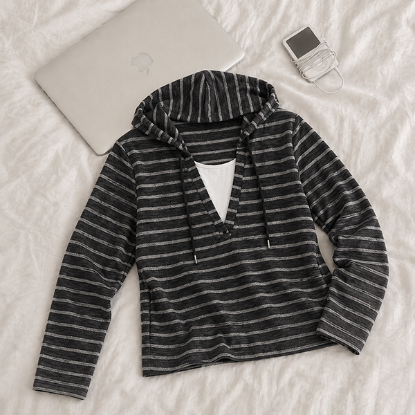 hijjoo（ハイチュー）の「Loose-fit ✨ striped tee Days Stripe Hoodie (2 colors)（Tops）」