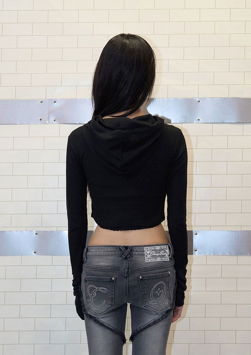wave lace ribbon hoody - black