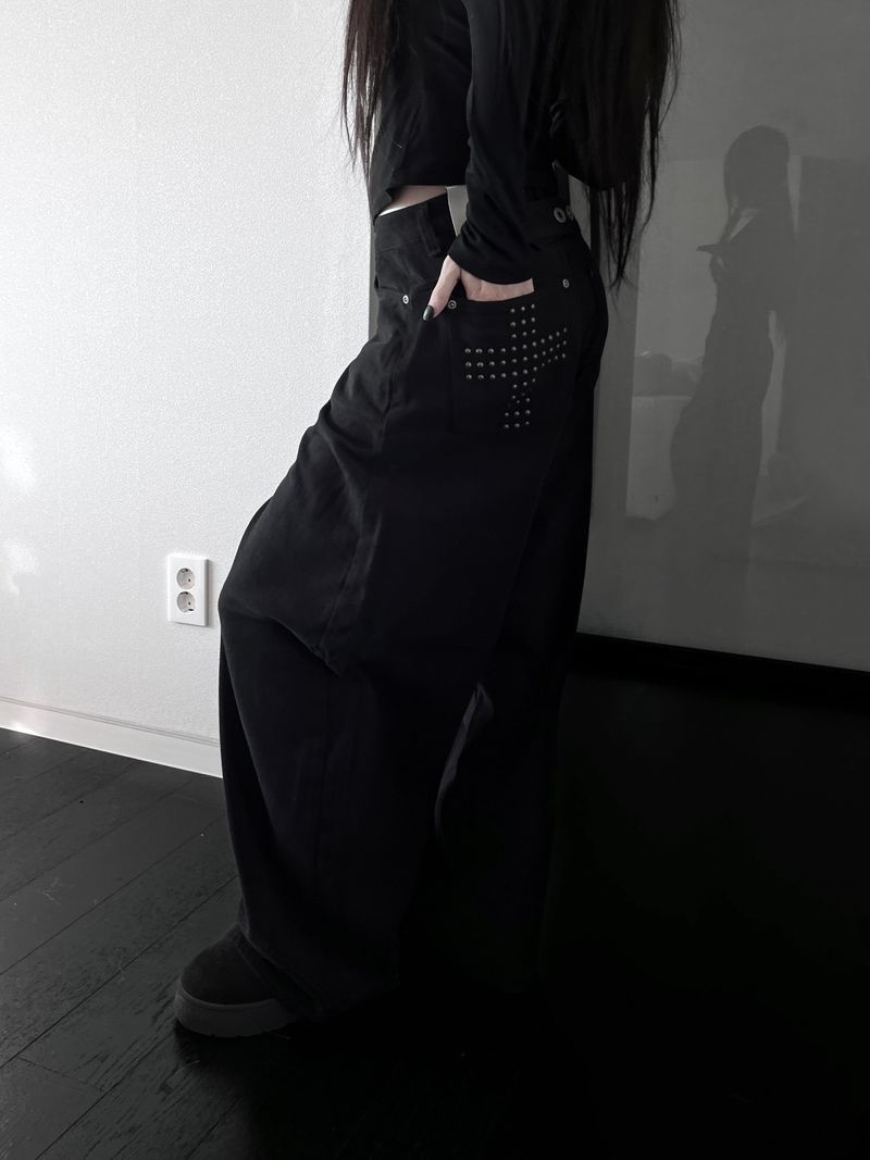 back pocket cross stud wide denim (fleece-lined / 2color)