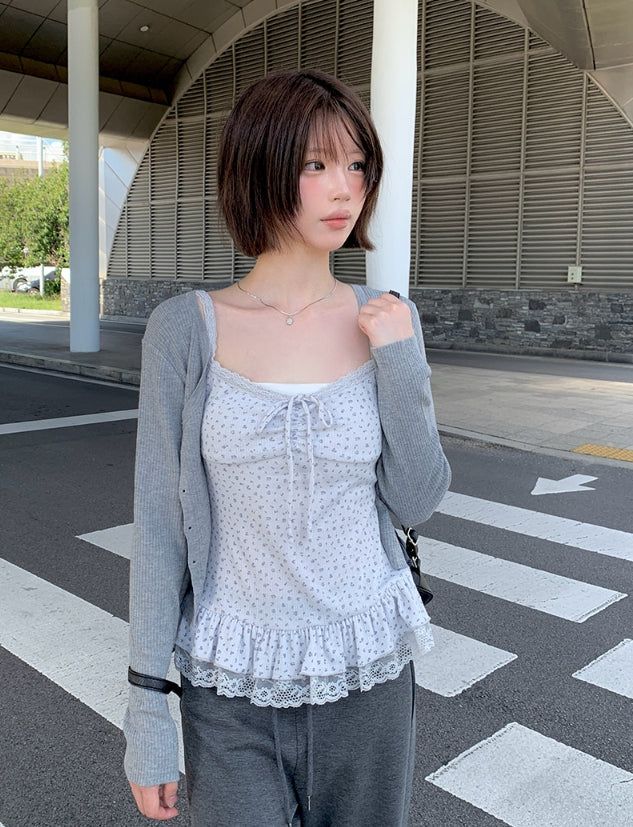 Surin Flower Frill Cardigan Sleeveless Set