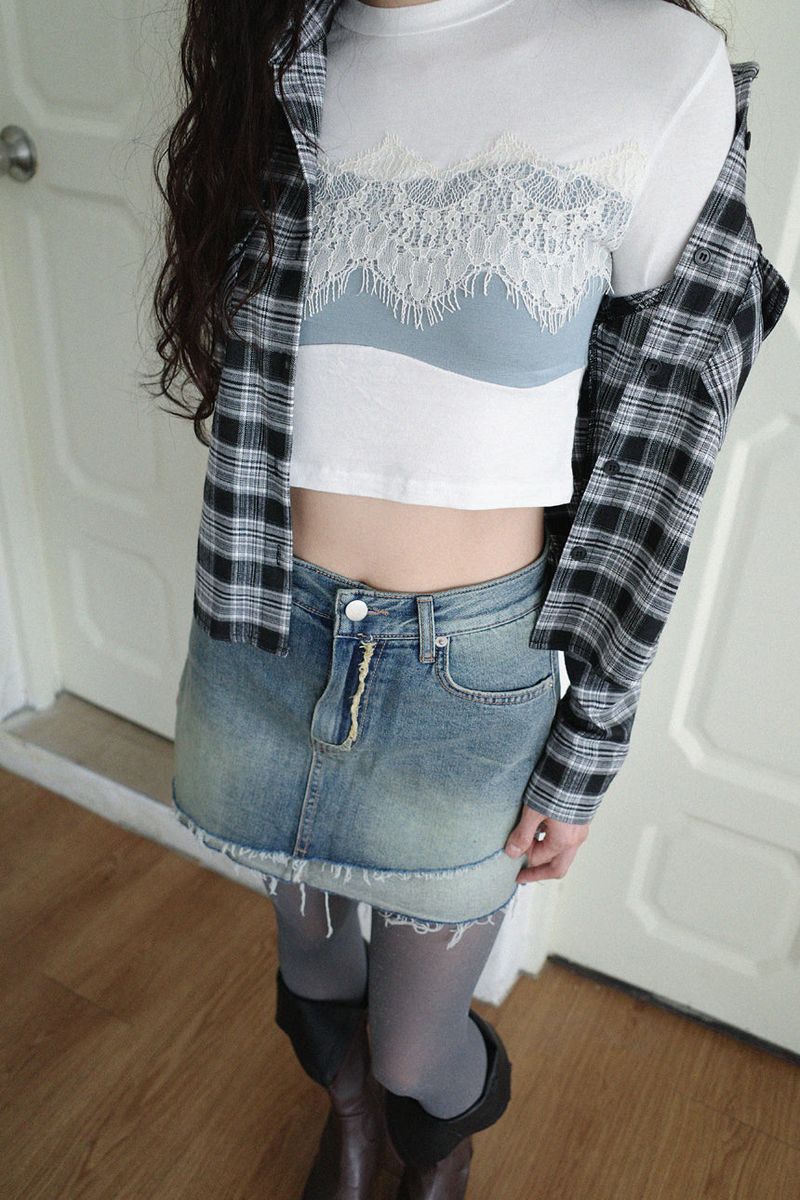 Diagonal denim unbalanced mini sk
