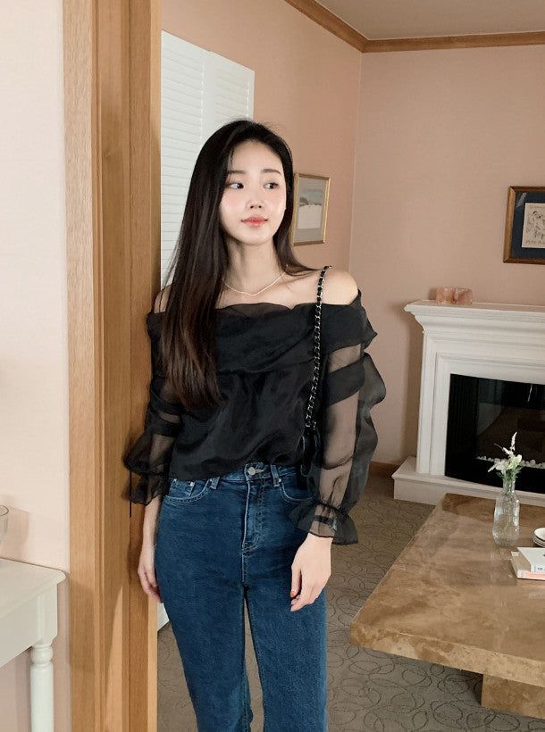 SHOPPERLAND（ショッパーランド）の「シースルーオフショルダーブラウス (3color)（Tops）」