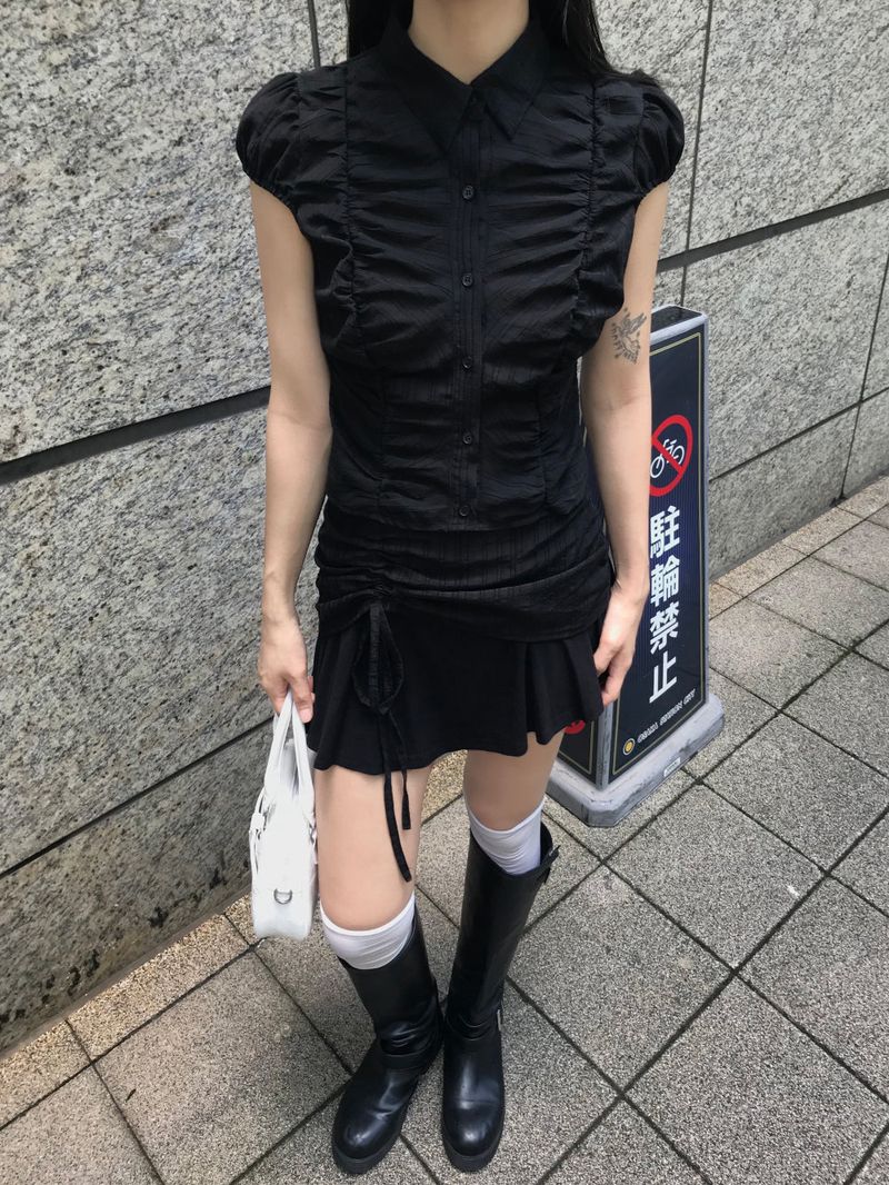 City Class Sheer Shirring HAlf Shirt& Skirt SET 