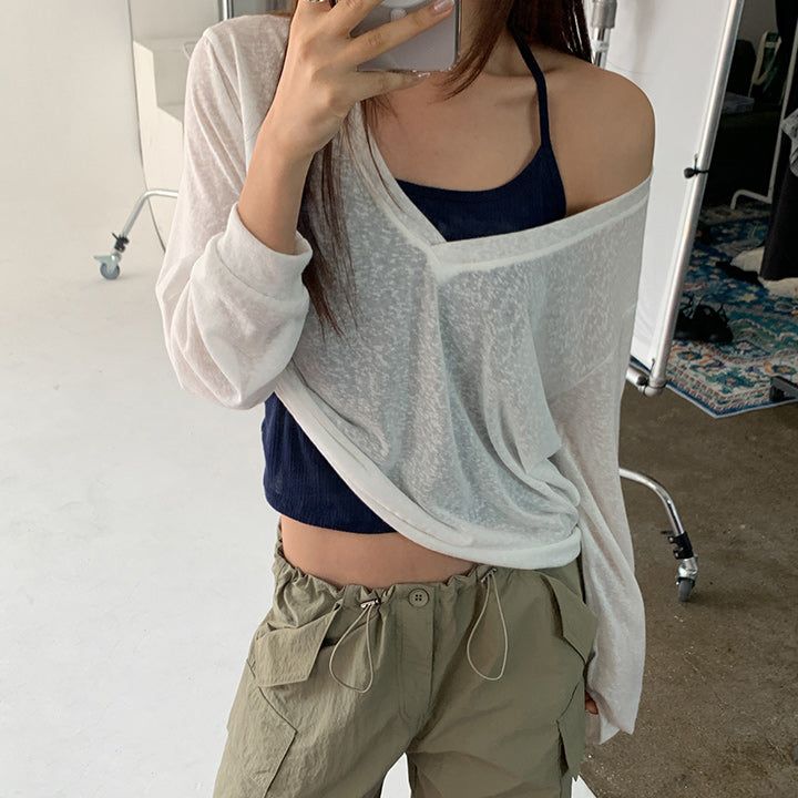 [Hartsvin] linen deep V-neck see-through sweatshirt - 3 colors