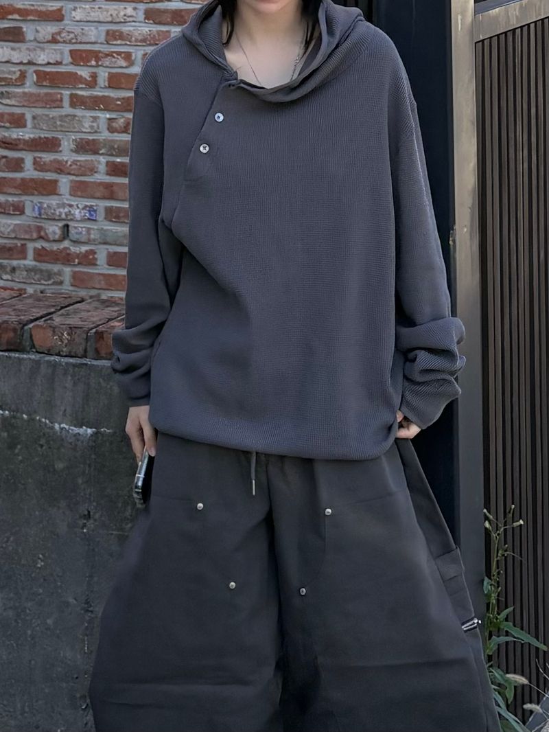 diagonal button warmer waffle hoodie