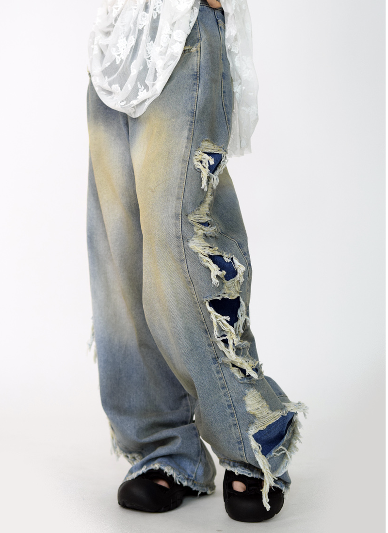 side dirty wide denim pants