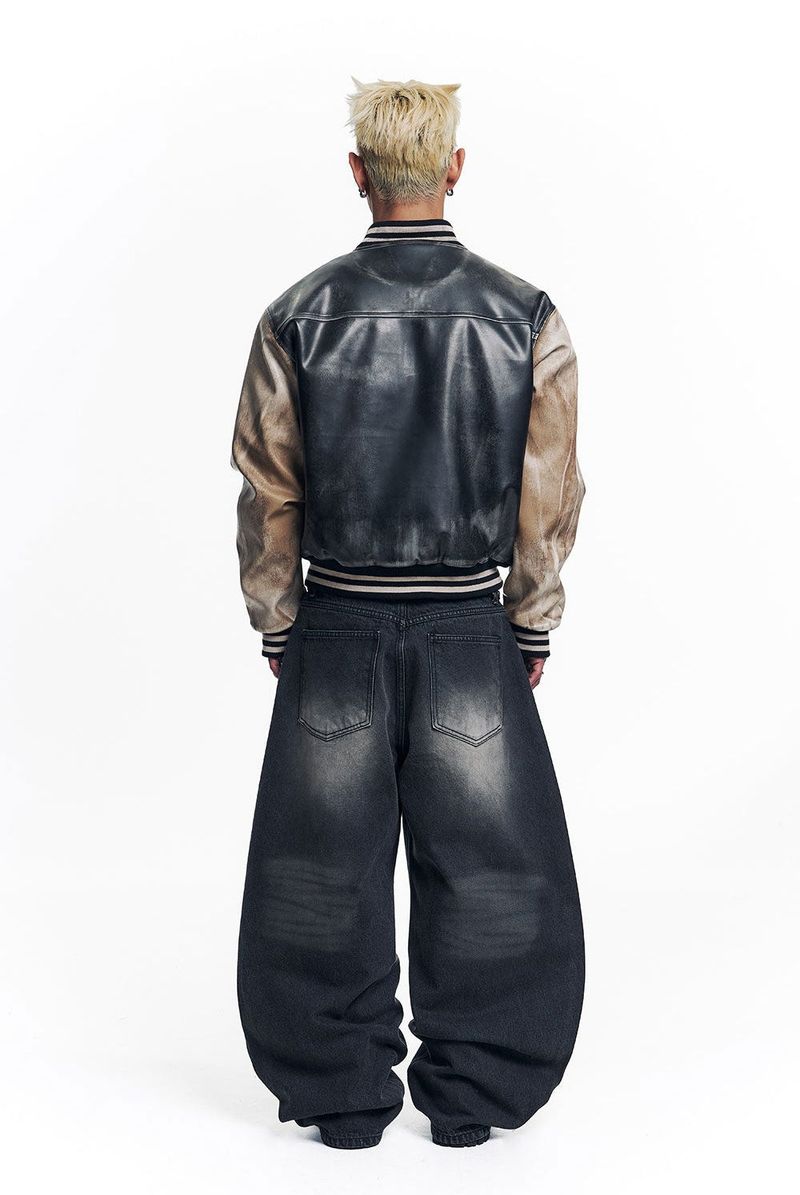 Dirty Washed Leather Varsity Jacket - Black