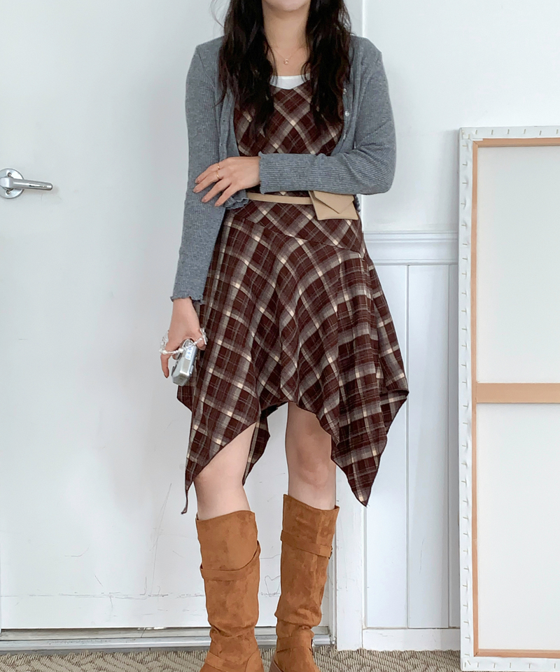 Mute Unbalanced Bustier Checkered Dress