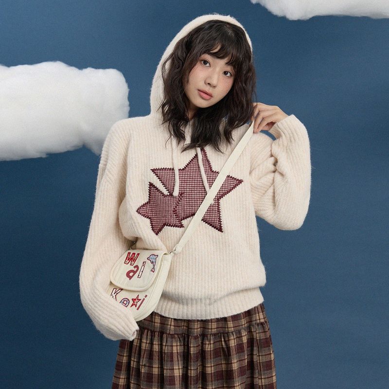 WaiKei（ワイケイ）の「Big Star Check Applique Hood Knit（Tops）」