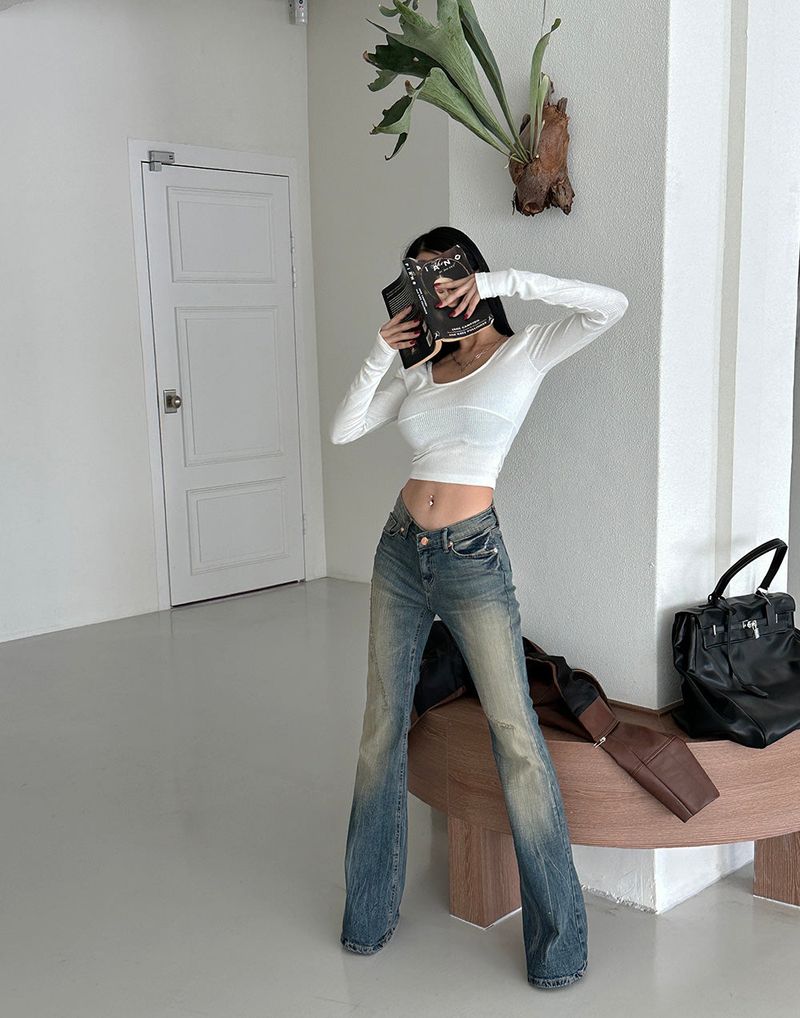 Slit Deep U-Neck Shoulder Pad T-Shirt