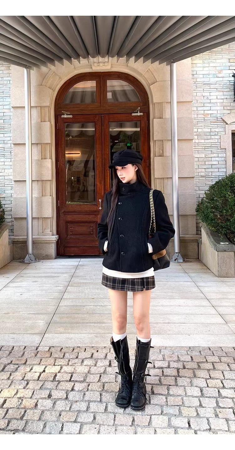 Royal black high-neck wool jacket