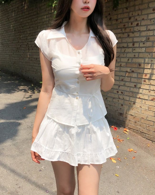 Rib Unbalanced Button Sheer Blouse