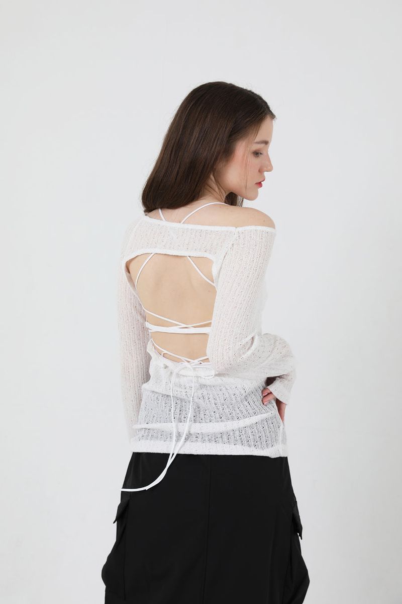 See-Throught Back Slit Long Sleeve Knit White