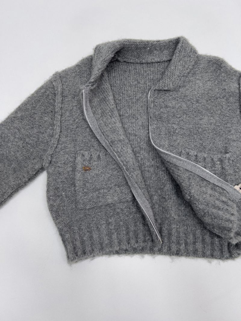 Reverse Two-Way Crop Knit Zip-Up