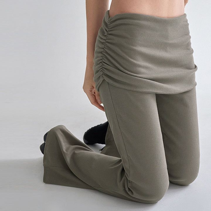 [Revita] Ribbed Elastic Waist Layered Shirred Skirt Bootcut Pants-3Color
