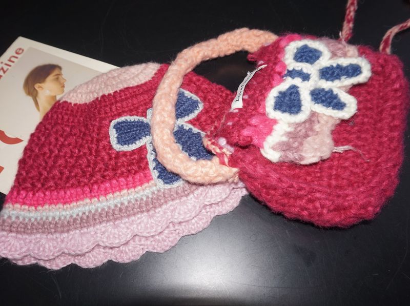 Hot Pink Knit Flower Bunk Hat & Bag Set