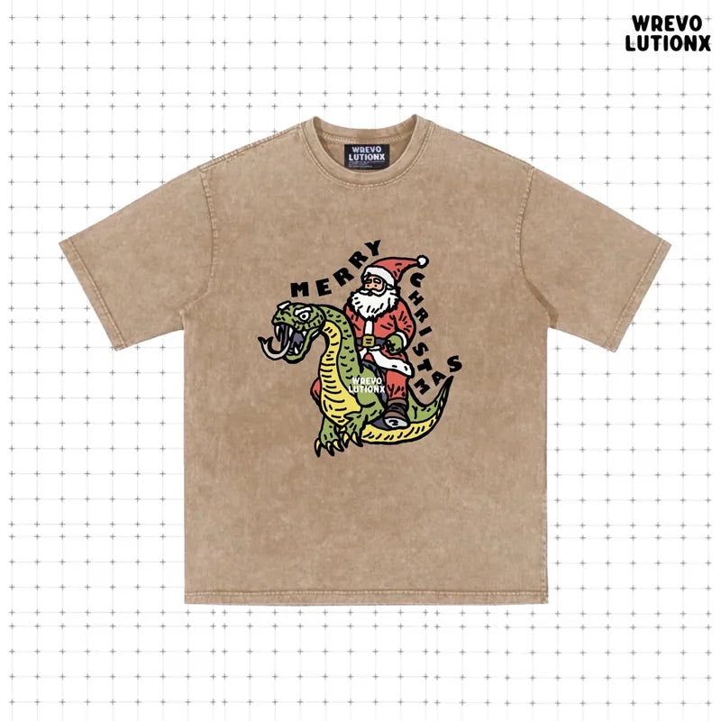 WREVOLUTIONX by WooLeeX（レボリューションエックス バイ ウーリーエックス）の「Snakey Dragon, Merry Christmas Denim Washed T-Shirt (Khaki)（Tops）」
