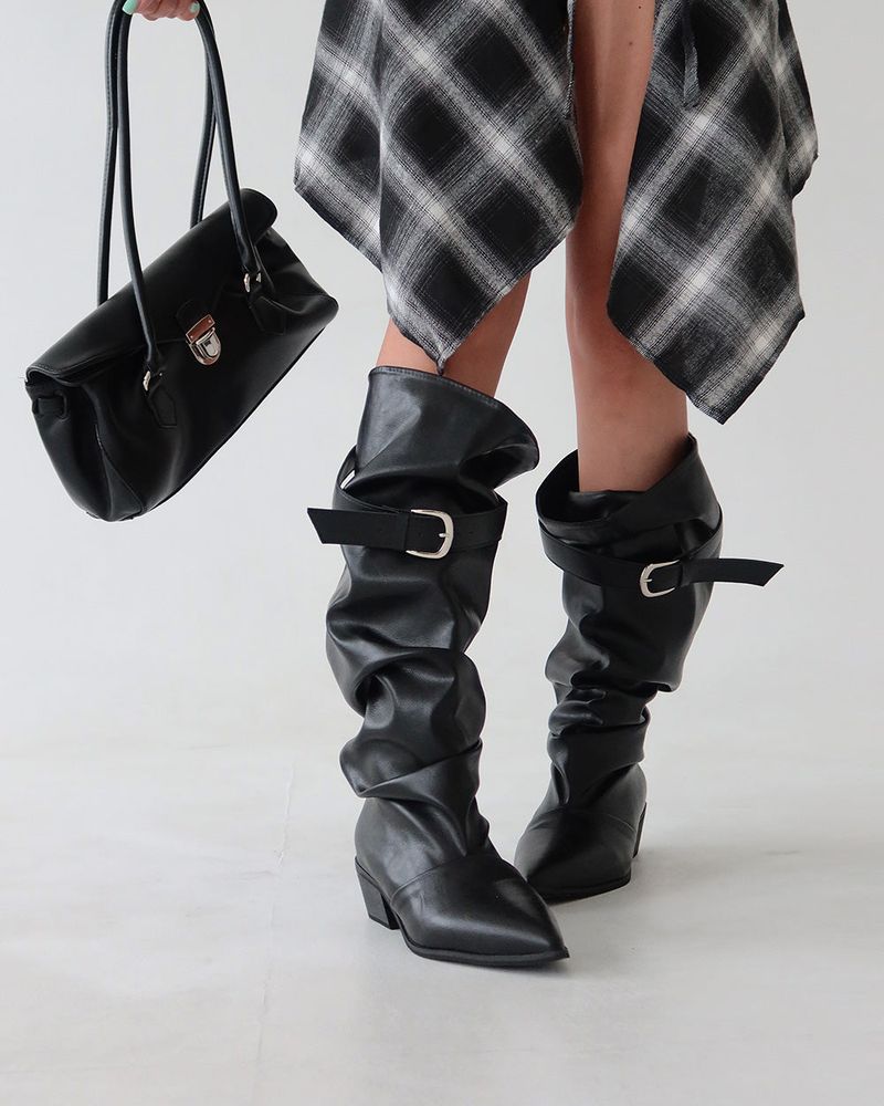 Wrinkle Shirring Belt Western Wide Long Boots