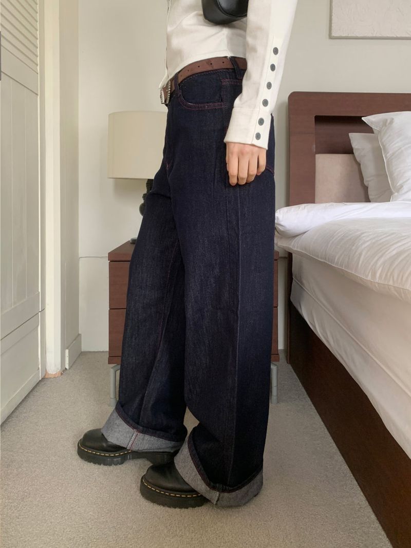 ペニーレッドステッチローワイドデニムパンツ