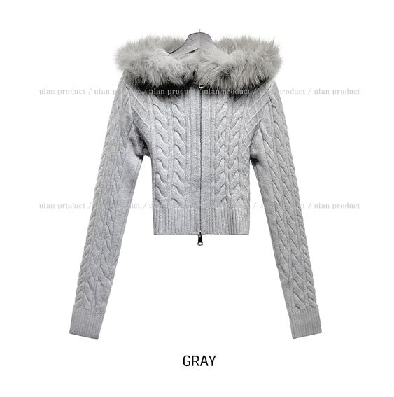 Rinco Cable Knit Fur Hood Zip-Up