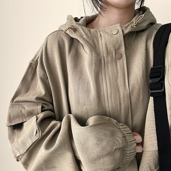 Haute High Neck Hem String Pocket Hooded Jacket