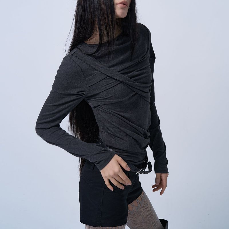 TWIST DRAPE LONG SLEEVE TOP (MELANGE BLACK)