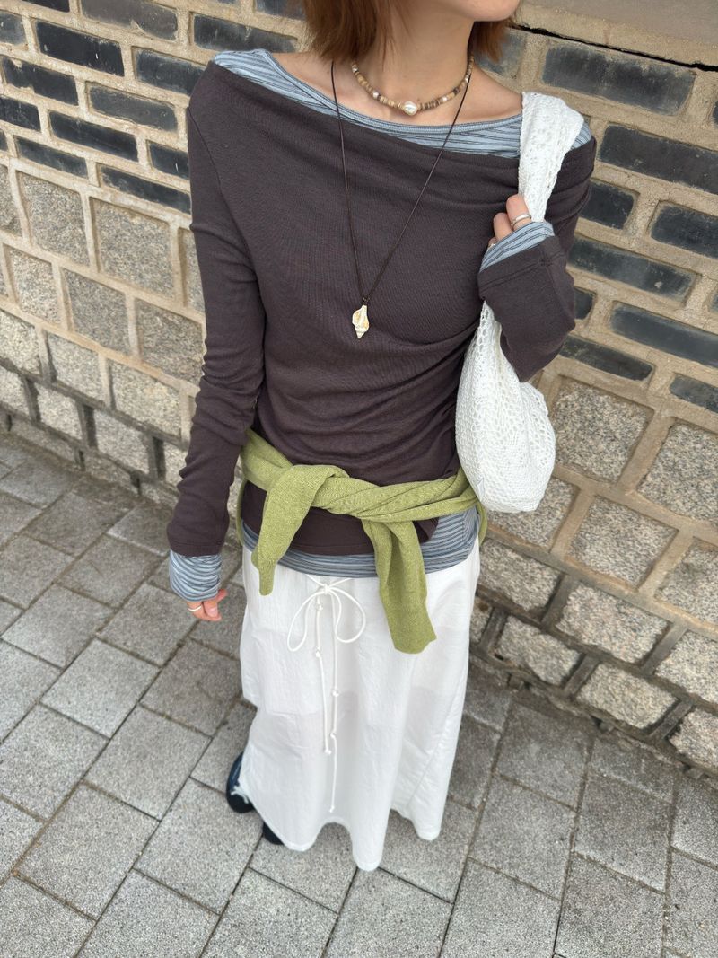 [prts made] soft touch boat-neck long sleeve T-shirts (blue stripe)