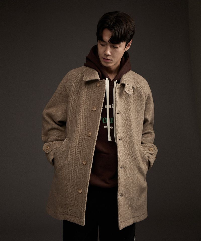 BALMACAAN HERRINGBONE WOOL CASHMERE HALF COAT BEIGE
