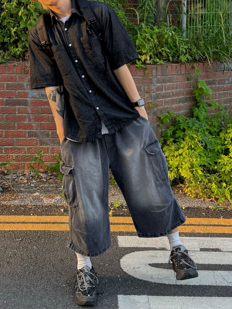 Salt washing cargo bermuda denim pants 3C