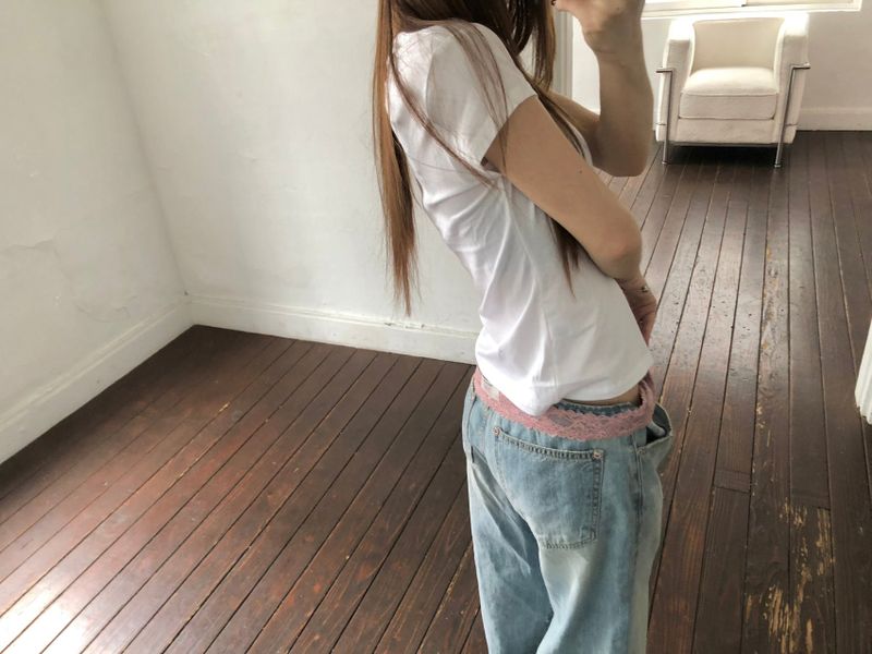 pink lace denim