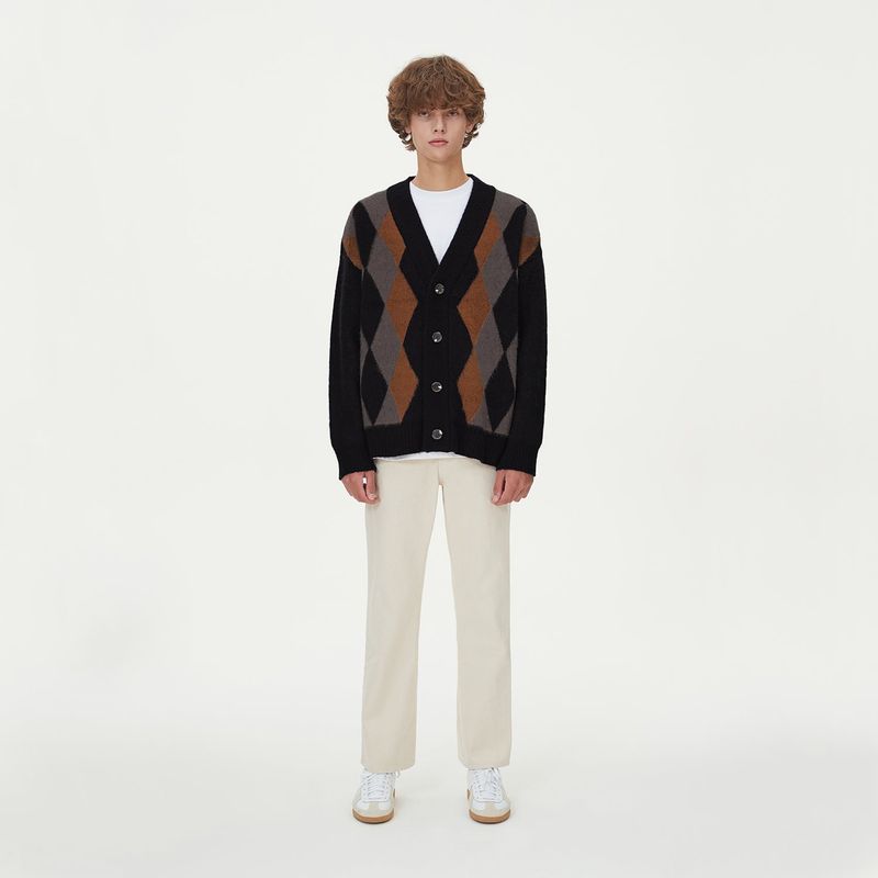 BRUSHED ARGYLE KNIT CARDIGAN_BLACK