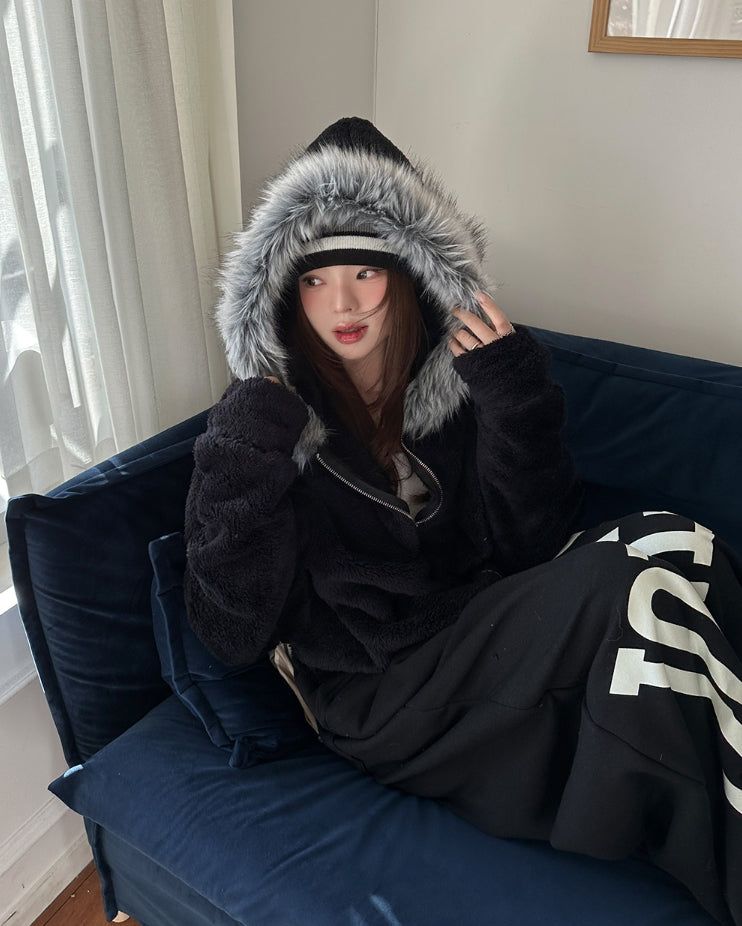 Fame Fleece Raccoon Fur Hooded Zip-Up