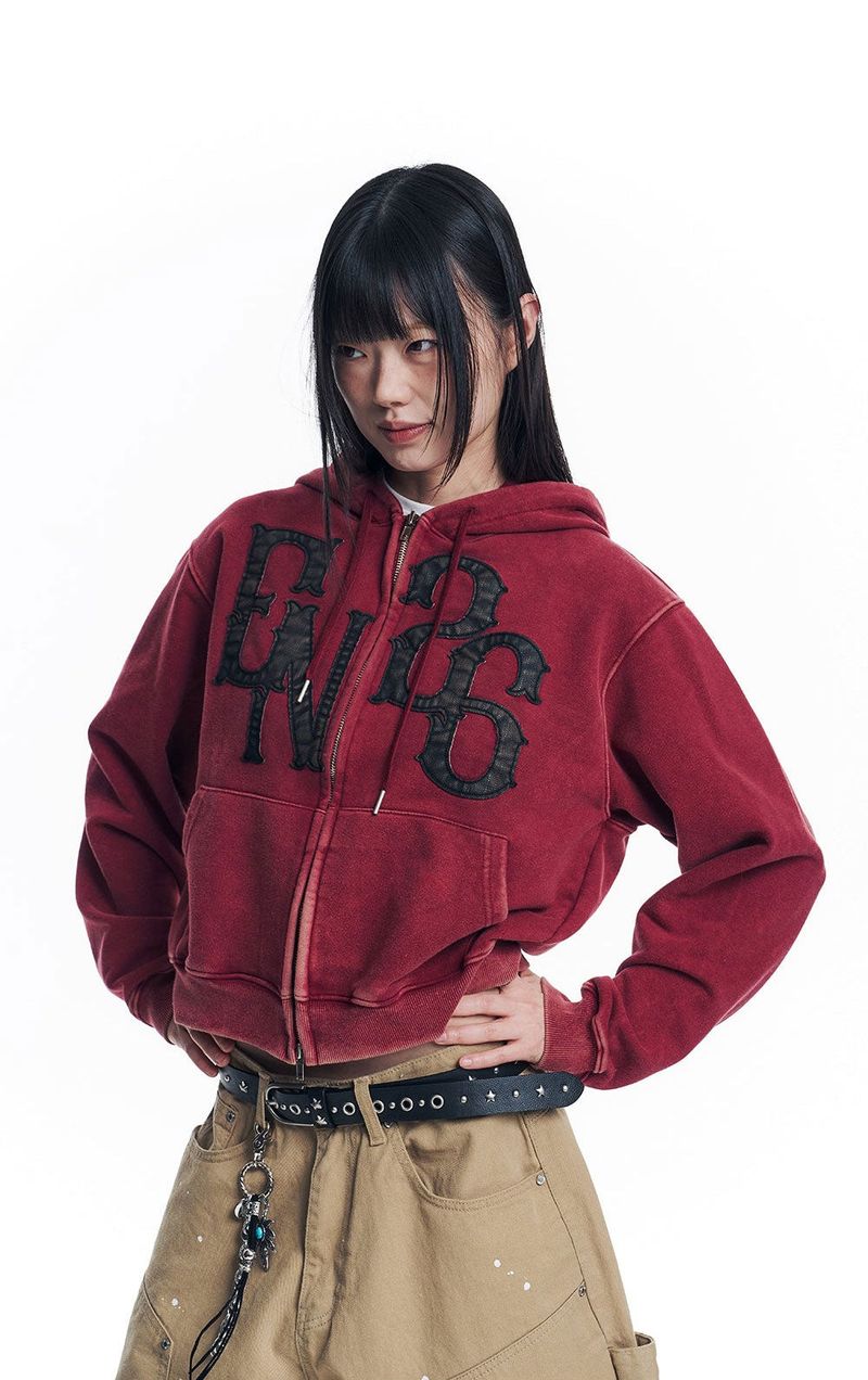 Washed Leather Patch Hooded Zip-Up - Wine