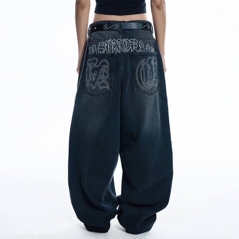 Lettering Wide Denim Pants - BLACK
