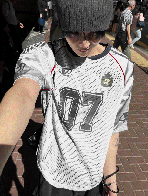 Matte Black & Silver White Mesh Track Short-Sleeve Tee