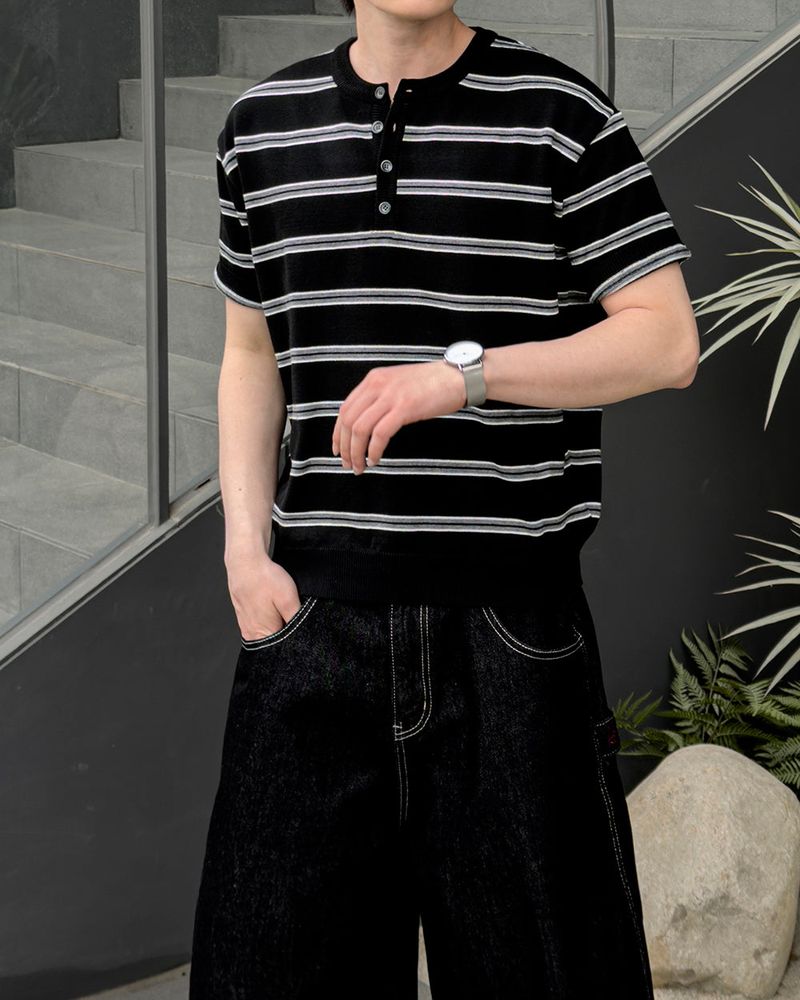 Diron Striped Henley Knit