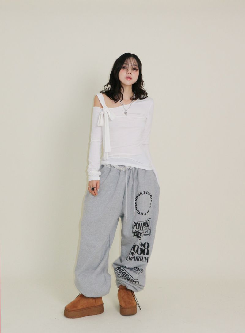 (Napping T-shirt) Euren One Shoulder Ribbon Tie Long-Sleeved Warmer T-Shirt