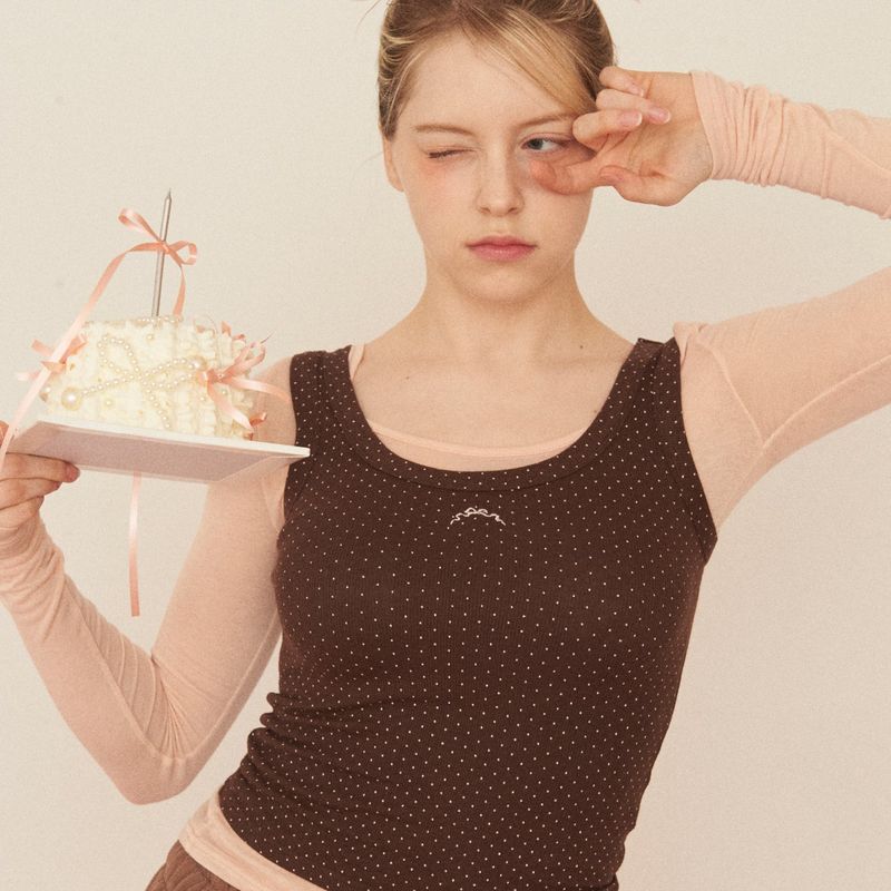 DOT RIBBON SLEEVELESS TOP - BROWN