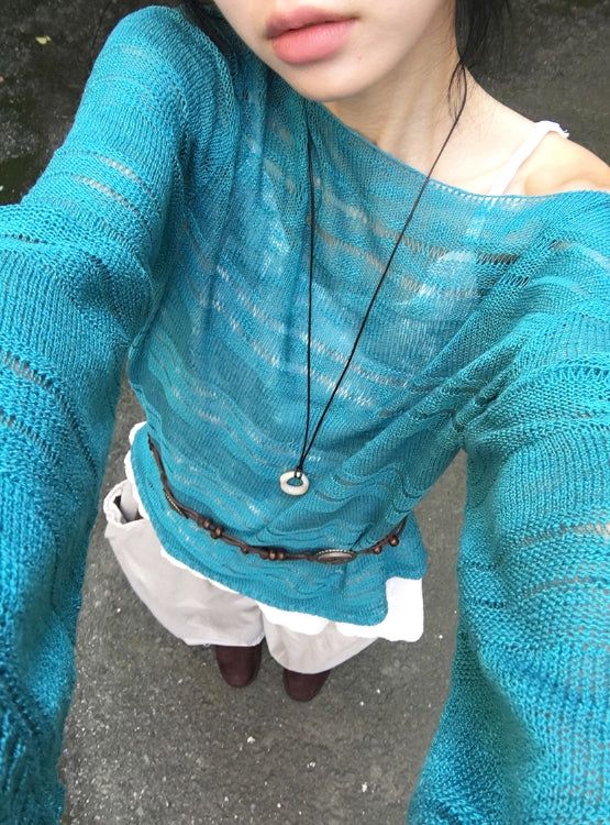 Libya Loose-Fit Boat Neck See-Through Knit