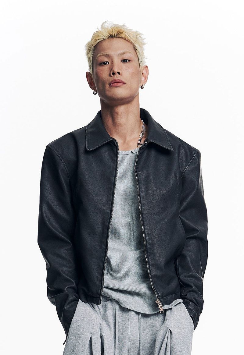 Washed Leather Crop Jacket - Black
