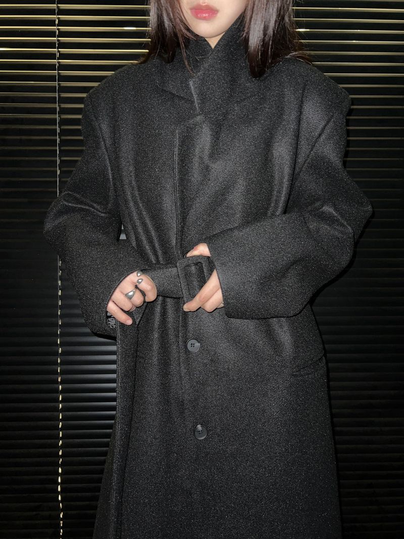 [UNISEX] Wool back button maxi long coat (Black)