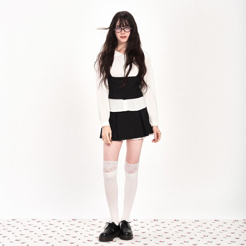 RIBBON FRILLY WAIST VEST - BLACK