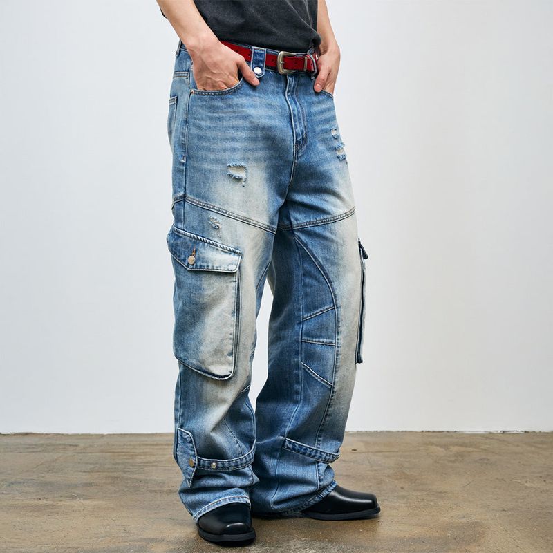 Washed Cargo Denim Detail Pants
