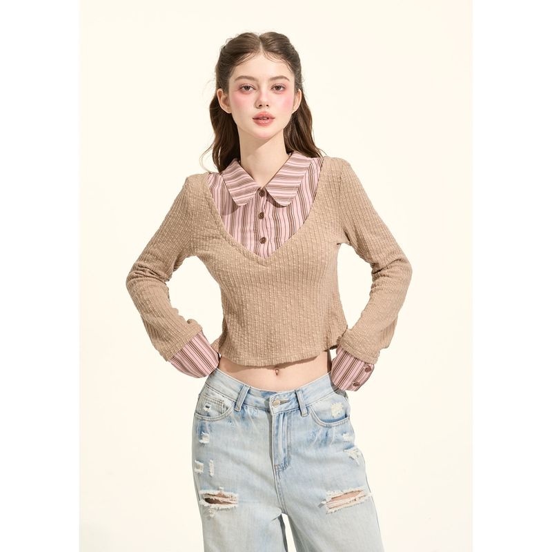 [GirlyFancyClub] high-intelligence miu style*pink and brown striped small lapel faux two-piece knitted top for